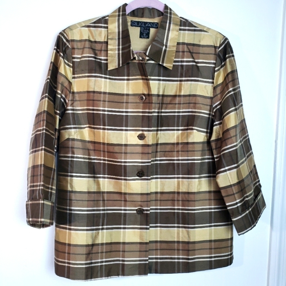 SilkLand Vintage Khaki 100% Silk Pointed Collared Plaid Women's Jacket Size 10